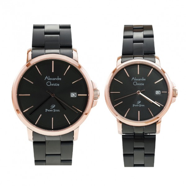 Alexandre Christie AC 1032 Rosegold Black Steel Couple